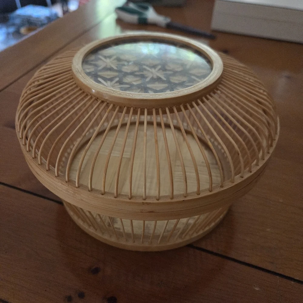 Vintage Bamboo Lucky Cricket Cage Woven Starburst Pattern Protected With Glass